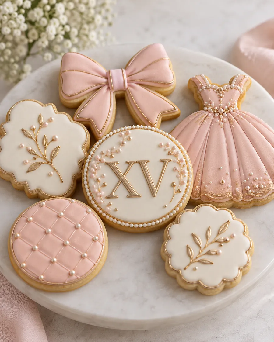 Galletas decoradas rosa y dorado para XV años de Creaciones Ladybug