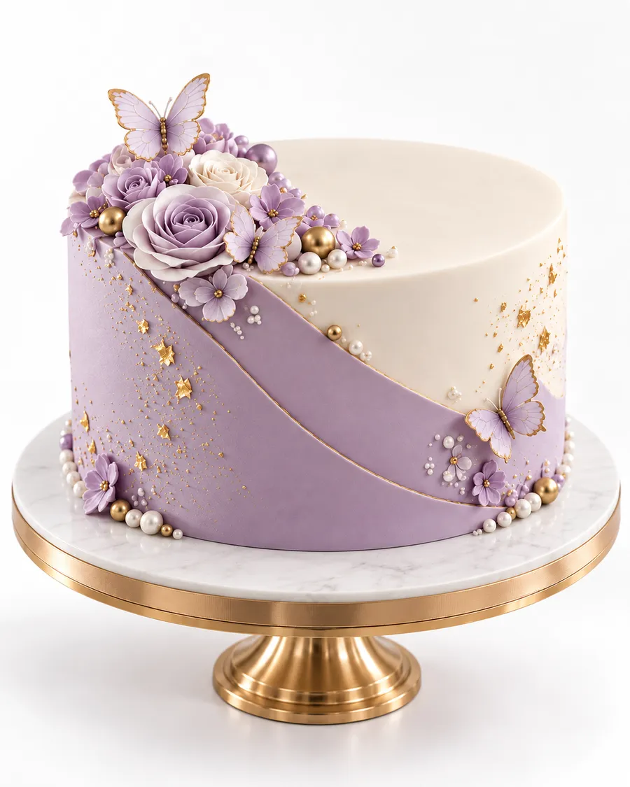 Pastel lila con mariposas para XV años de Creaciones Ladybug
