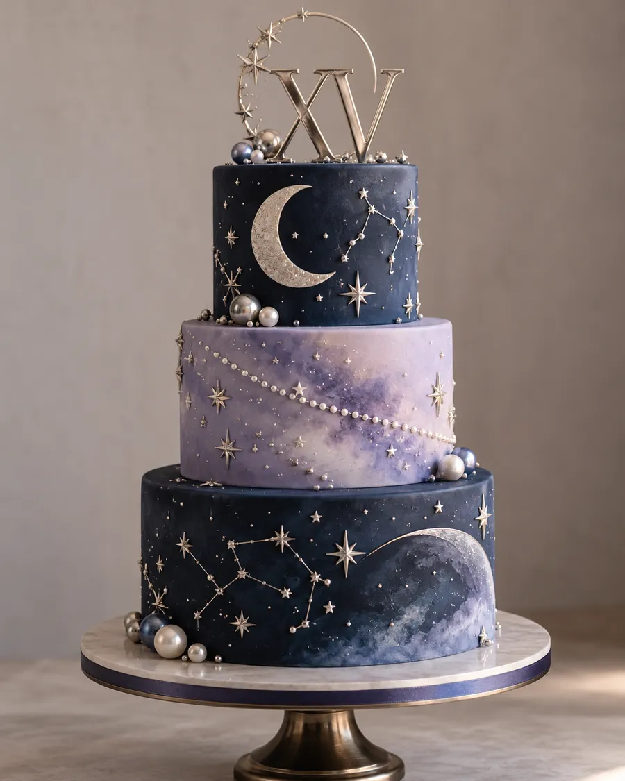 Pastel azul y lila de XV años con luna y estrellas de Creaciones Ladybug