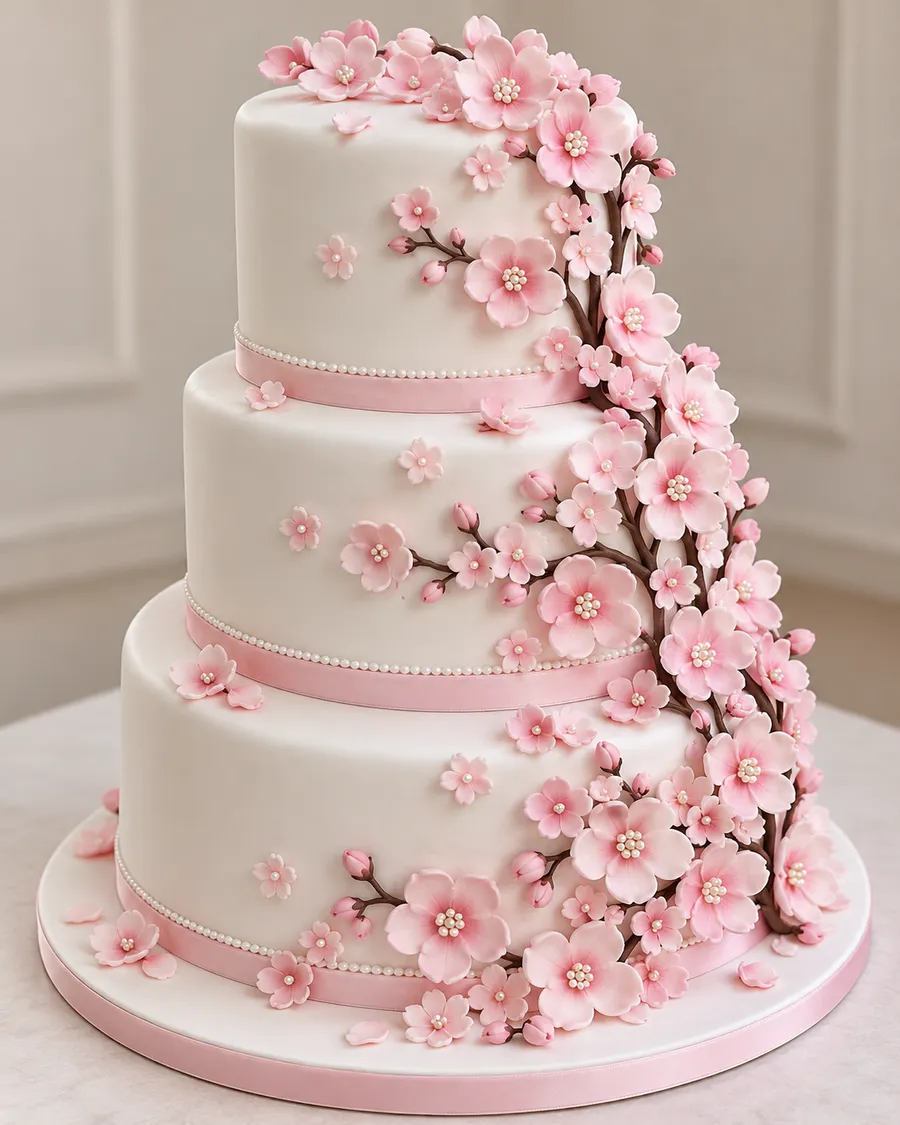 Pastel de XV años estilo sakura rosa de tres pisos de Creaciones Ladybug