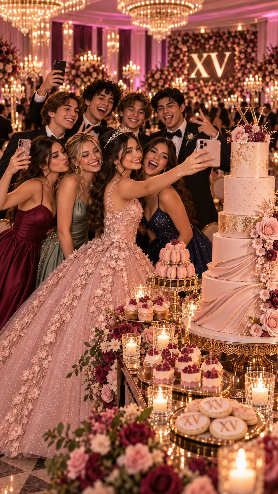 Quinceañera con sus amigos junto a su pastel y mesa de postres en su fiesta de XV años